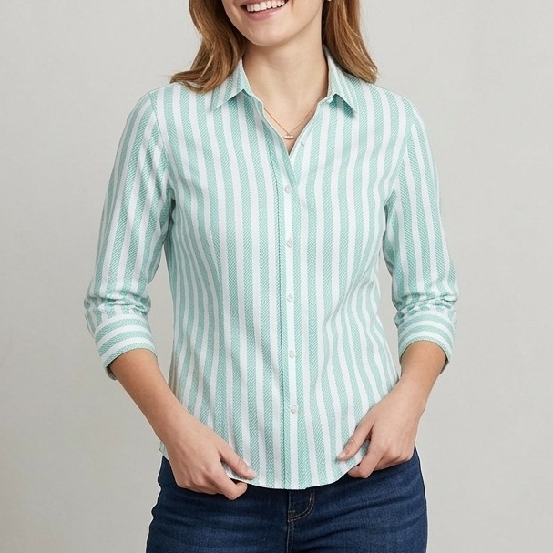 Foxcroft Nyc Heritage Non-Iron Shirt Size 6 Shaped Mint Green Striped 3/4 Sleeve